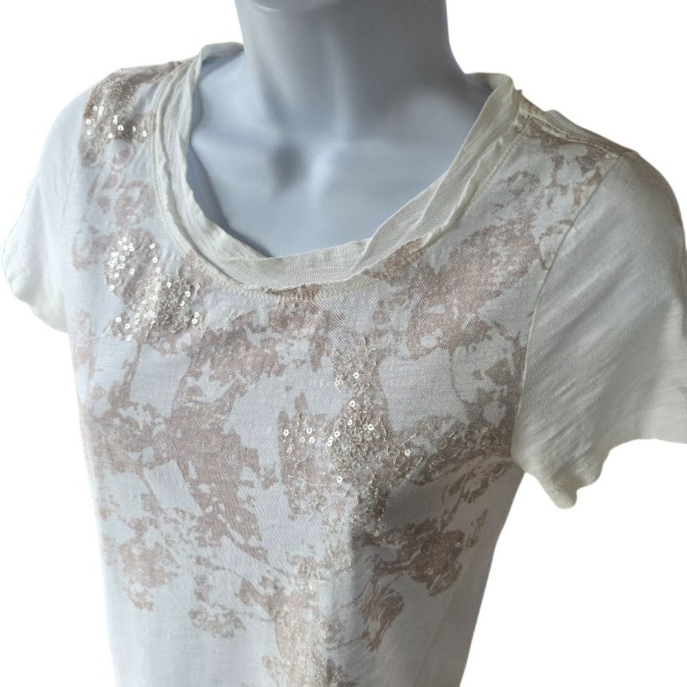 J.Crew Sequin‎ Floral T-Shirt Womens XS White Champagne Romantic Y2K Coquette